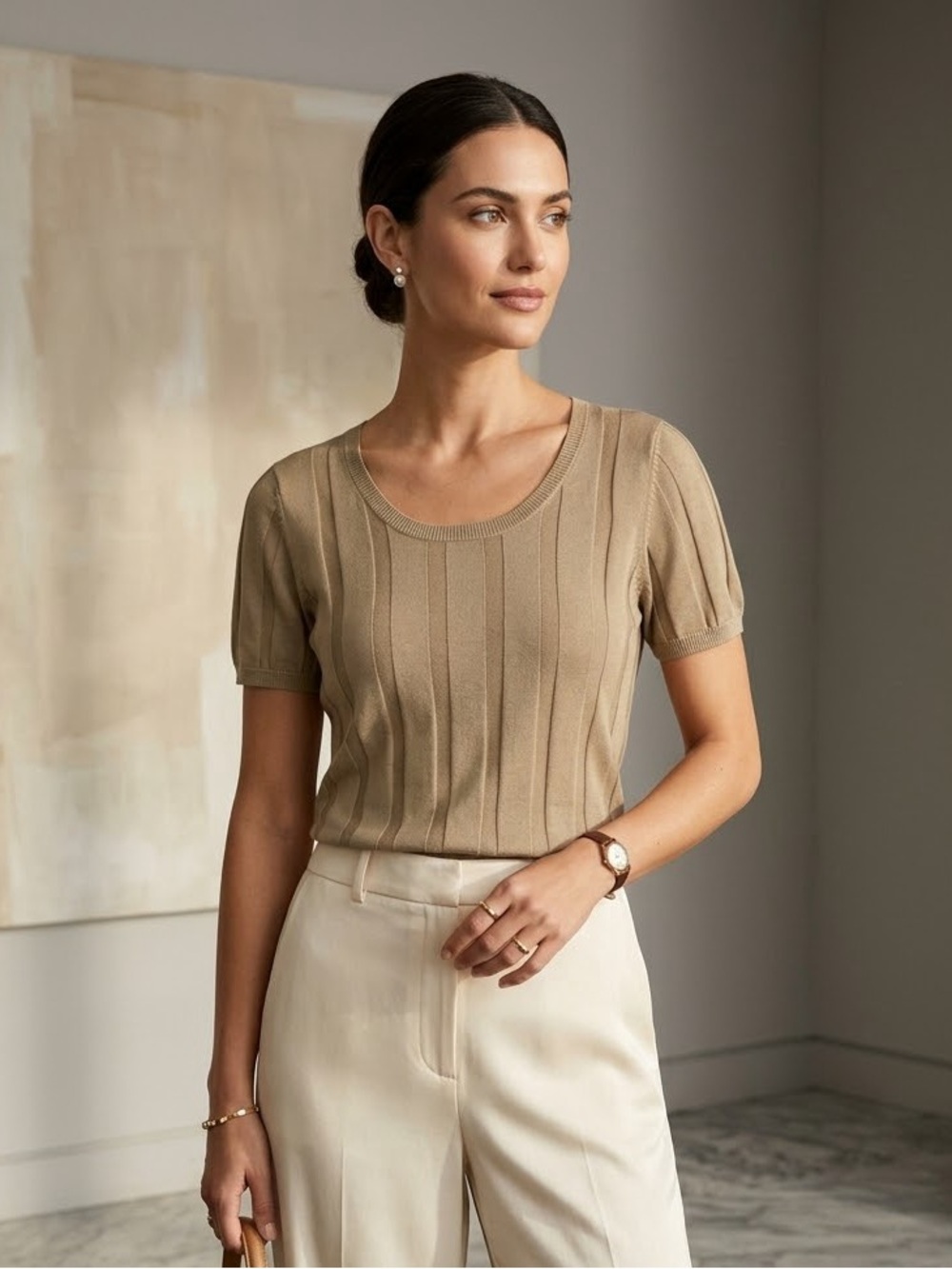 ALFANI Tan 100% Silk Short Sleeve Knit Sweater L Neutral Quiet Luxury Elevated